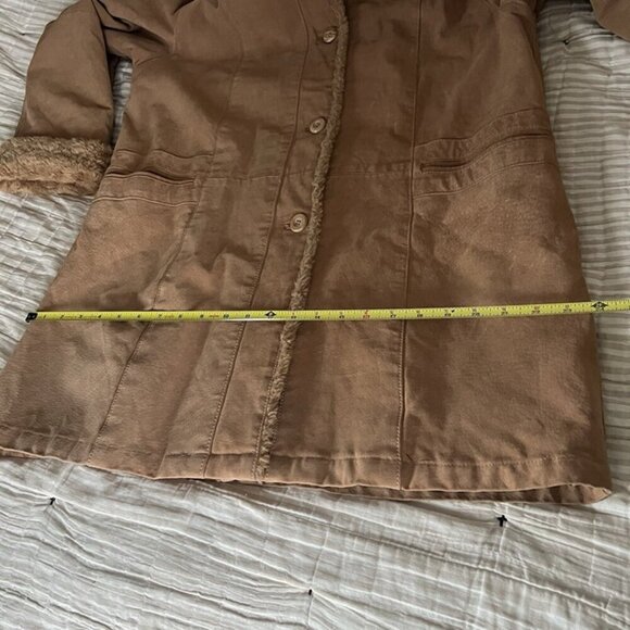 Vintage Y2K Gallery Hooded Suede Leather Penny Lane Coat Faux Fur Trim Sz L Warm - Picture 12 of 12